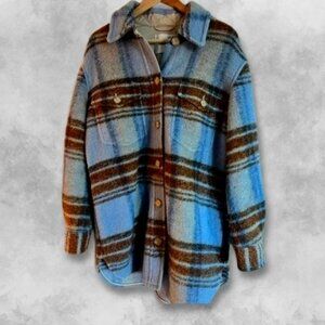 Aritzia Wilfred Free Ganna Jacket Check Pattern Button-Up Blue & Brown XL